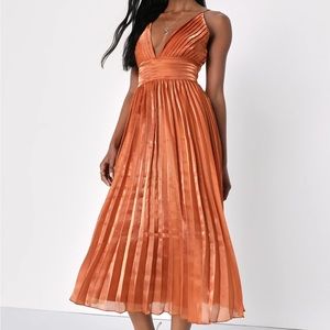Lulus Romantic Aesthetic Shiny Rust Orange Pleated Midi Dress